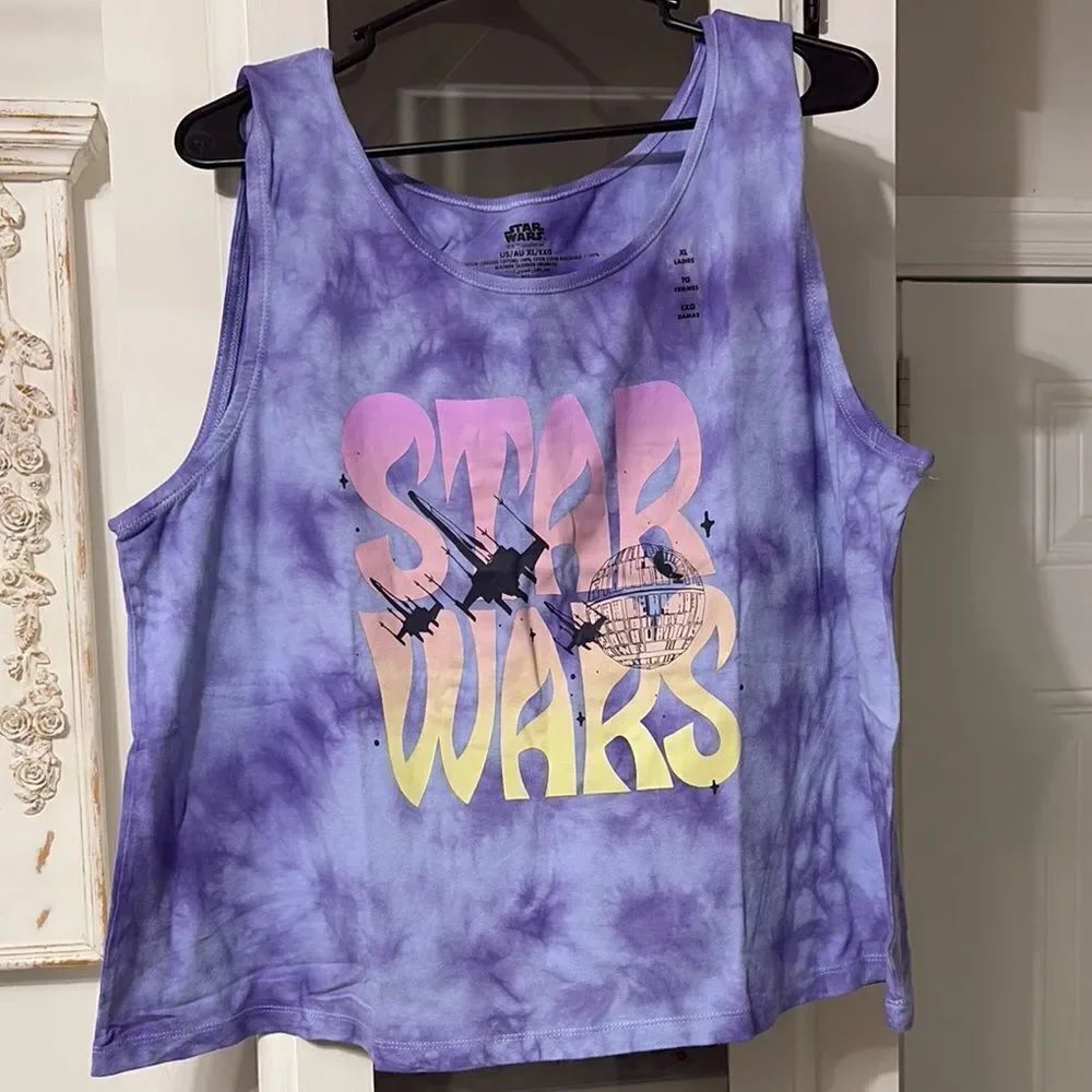 NWT 2pc set Star Wars Purple Tie-Dye Tank Top size XL, Biker Shorts size L